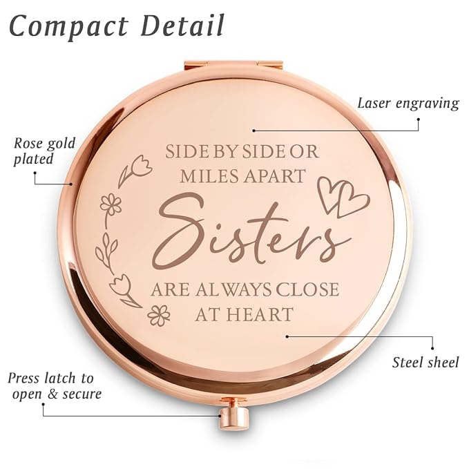Sister Gifts from Sister, Personalized Compact Mirror, Unique Mothers Day Birthday Gifts for Sister, Sentimental Graduation Present for Her
