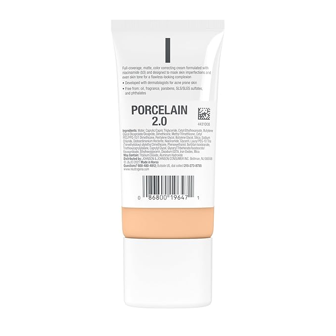 Neutrogena Clear Coverage Flawless Matte CC Cream, Full-Coverage Color Correcting Cream Face Makeup with Niacinamide (b3), Hypoallergenic, Oil Free & Fragrance Free, Porcelain, 1 oz