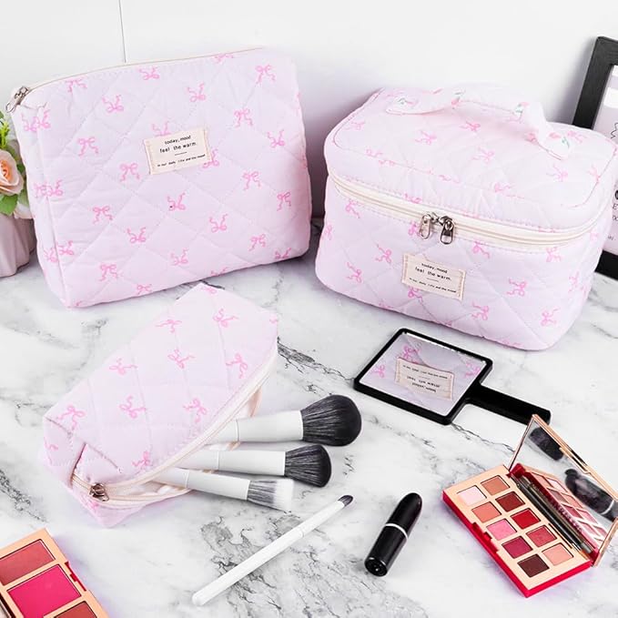 3Pcs Cotton Quilted Makeup Bag Set,Large Floral Cosmetic Bag,Aesthetic Toiletry Travel Makeup Bag Set and Cute Flower Bag for Women Girls (Pink Bow)