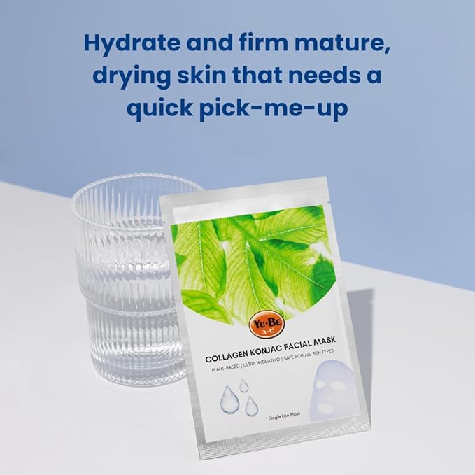 Yu-Be Facial Mask: Skin Firming Collagen | Plant-Based Konjac Sheet Mask Moisturizes, Softens, Nourishes, & Firms Mature Skin | Improves Tone & Texture | Home Spa Masks