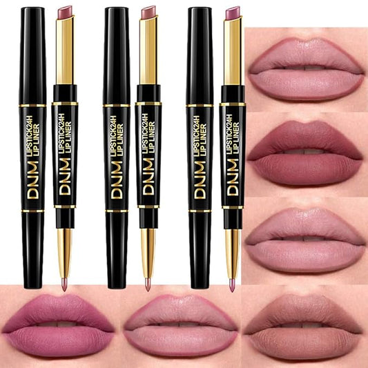 BINGBRUSH 2 IN 1 Lip Liner & Lipstick Makeup Set, Dark Red Matte Metallic Lipliner Set for Black Mature Women Waterproof Long Lasting Gift Set (3Pcs Set09-Matte:22#23#24#, 3Pcs)