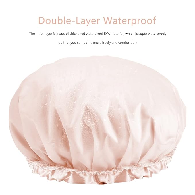 Auban Extra Large Shower Cap, Bowknot Double Layer Reusable Bath Hair Caps With Silky Satin for Women Beauty Bathing, Hair Spa, Home Hotel Travel Use (Beige)