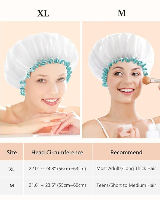 mikimini White Shower Caps for Women Long Hair,2 Pack,Large Size,Reusable,Waterproof Washable Hair Caps for Women and Girls, Super Cute and Extra Large