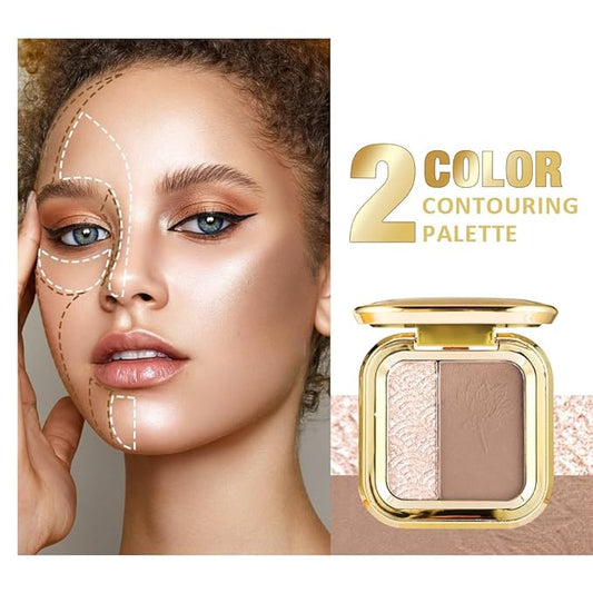 Matte Shimmer Highlight Bronzer Powder Palette with Mirror for Face Cheek Contour Brightening,Buildable Coverage Natural Makeup,Ultra Sculpt Nose Shadow (Light Pink Highlighter+Neutral Gray Contour)