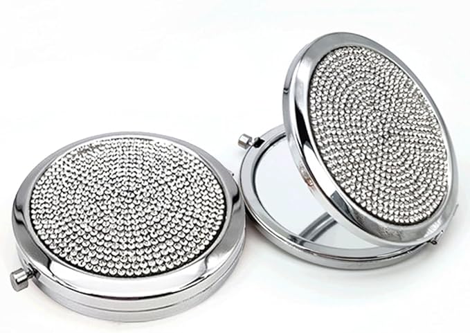2pcs Magnifying Compact Mirrors 1X 2X Purse Pocket Makeup Mirror Folding Travel Mirrors Sturdy Metal with Diamonds Foldable Mini Round Cosmetic Mirror 2.75 Inch Gifts for Women Girls (Silvery)