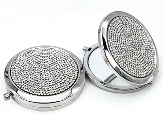 2pcs Magnifying Compact Mirrors 1X 2X Purse Pocket Makeup Mirror Folding Travel Mirrors Sturdy Metal with Diamonds Foldable Mini Round Cosmetic Mirror 2.75 Inch Gifts for Women Girls (Silvery)