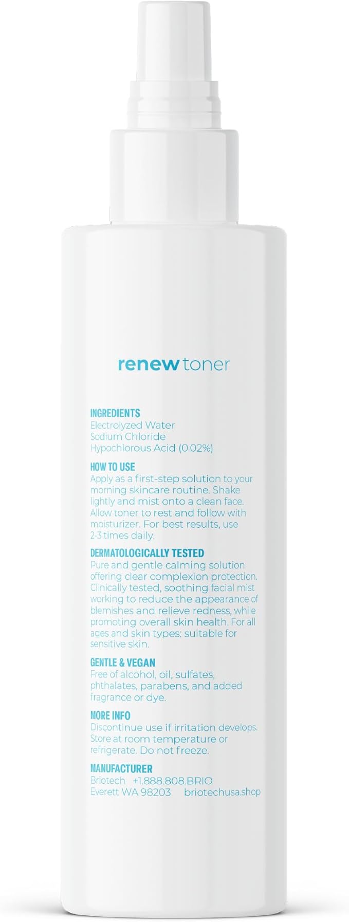 BRIOTECH Renew Toner, Hypochlorous Acid Spray, Minimize Appearance of Blemishes, Soothing Facial Mist for Sensitive Skin, Calm Redness & Bumps, Vegan, 4 fl oz