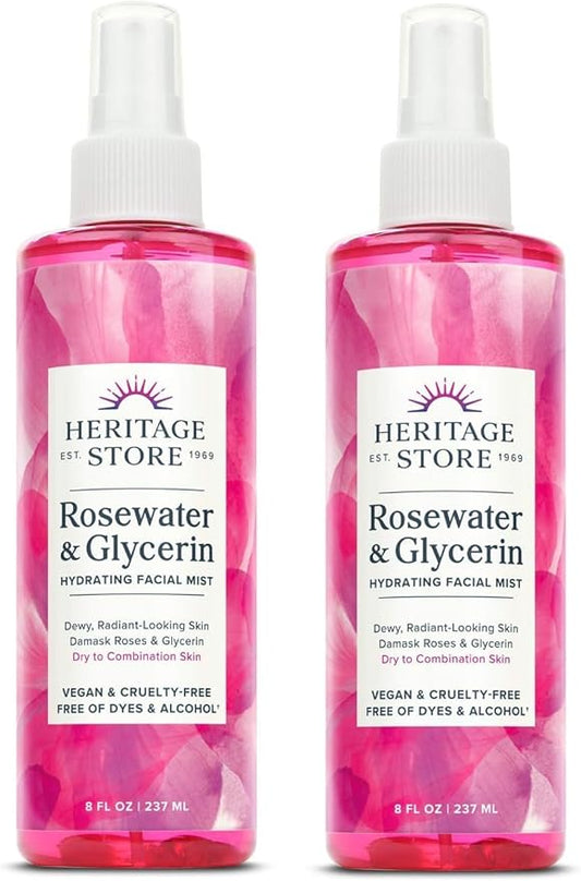 HERITAGE STORE Rosewater & Glycerin 2-pack - Hydrating Facial Mist - Dry Combination Skin Care - Rose Water Spray with Vegetable Glycerine - Made Without Dyes or Alcohol, Hypoallergenic, Vegan, 8oz ea