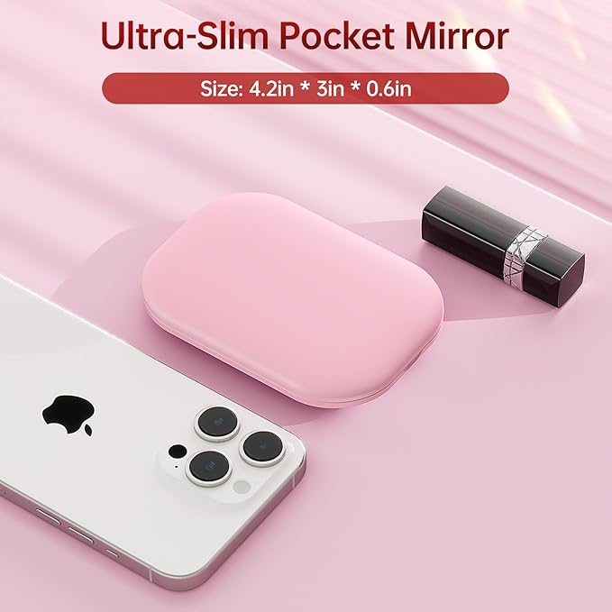 Benbilry Ultra Slim Pocket Mirror with Light, 1X/3X Magnifying LED Compact Travel Mirror with 3-Colored Dimming Lights for Purse, 2-Sided, Handheld, Folding, Portable, Light Pink