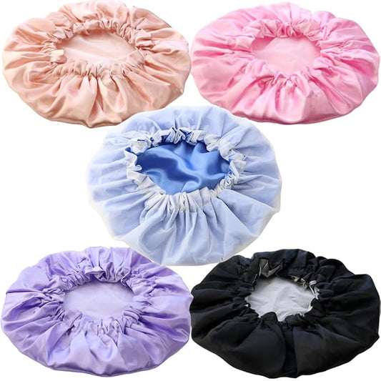 5 Pack Breathable Satin Shower Caps Double Layers Bathing Hat Reusable Shower Cap for Women EVA Elastic Caps Waterproof Bath Hair Hat