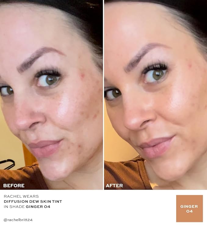 MAKE Beauty Diffusion Dew Skin Tint. Sheer to Medium Coverage Radiant Finish. Blurring, Smoothing, and Brightening for Glowing Complexion. Enhanced with Niacinamide and Adenosine. Ginger 04