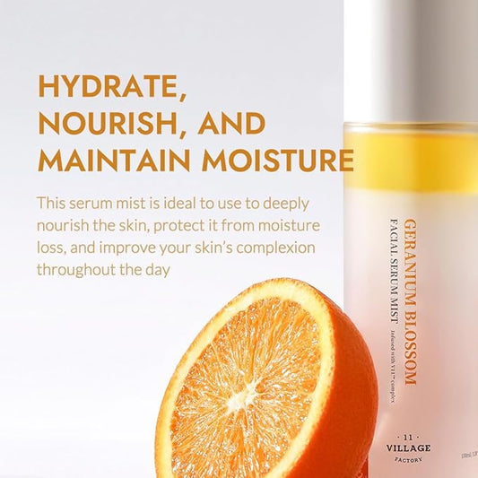 Fresh Dewy Geranium Blossom Facial Serum Mist with Sunflower Oil Jojoba Oil & Squalane Korean Face Spray for Deep Hydration Skincare on the Go 3.38 oz
