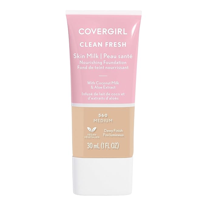 COVERGIRL Clean Fresh Nourishing Skin Tint, 560 Medium, Liquid Foundation, Dewy Finish, Infused with Coconut & Aloe, Vegan Formula