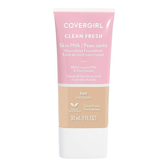 COVERGIRL Clean Fresh Nourishing Skin Tint, 560 Medium, Liquid Foundation, Dewy Finish, Infused with Coconut & Aloe, Vegan Formula
