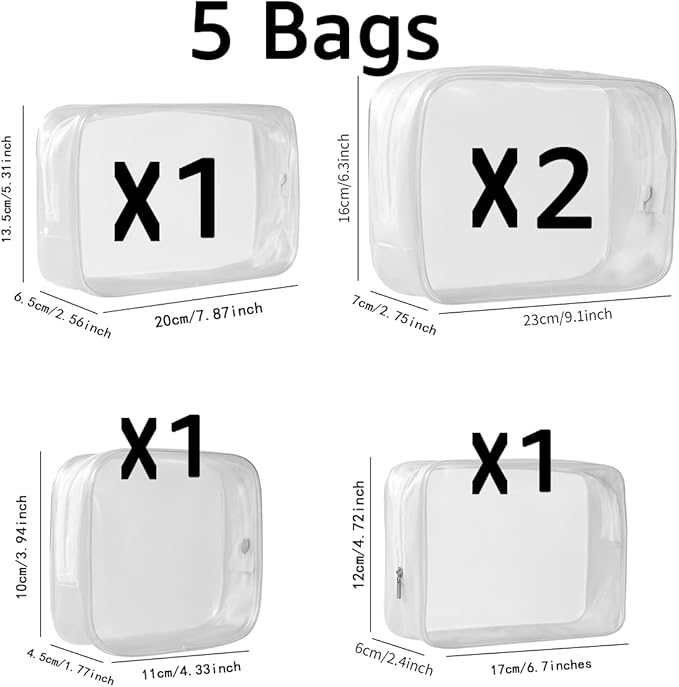 5 Pack Clear Plastic Zippered Toiletry Carry Pouch TSA Approved Toiletry Bag Portable Cosmetic Makeup Bag for Vacation, Bathroom and Organizing (White, Mixed Size)
