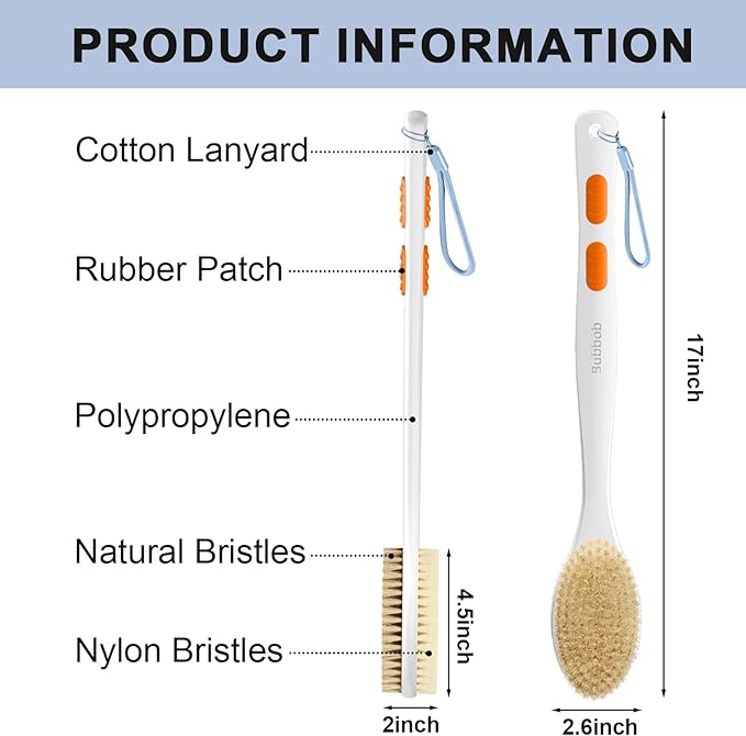 Back Scrubber, Back Scrubber for Shower, Bath Brush Long Handle for Shower with Double Sided Bristles for Wet or Dry Brushing (Orange)