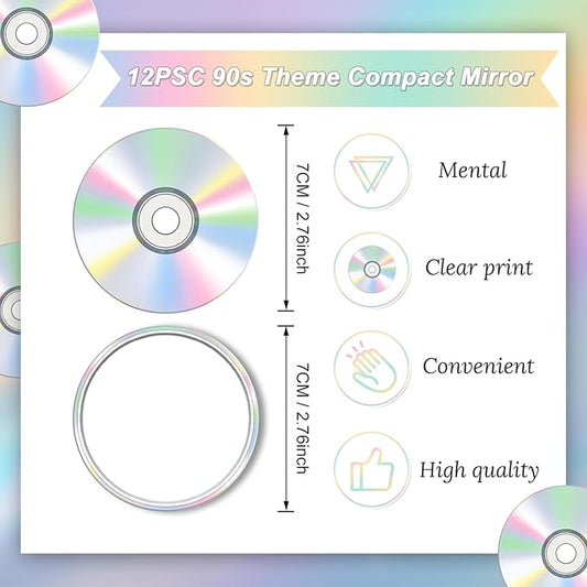 12Pcs Compact Mirror for Music CD Theme Party Supplies 2.76in Retro Eras Concert Party Pocket Mirror 1990s Disco Party 90s Round Makeup Portable for Girl Birthday Gifts Bachelorette Decorations