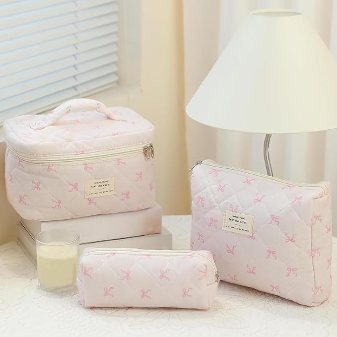 3 Pcs Quilted Makeup Bag Set,Coquette Bow Make up Bag,Cute Floral Makeup Bags Large Travel Toiletry Cosmetic Bag Organizer for Women Girls (I-3PCS)