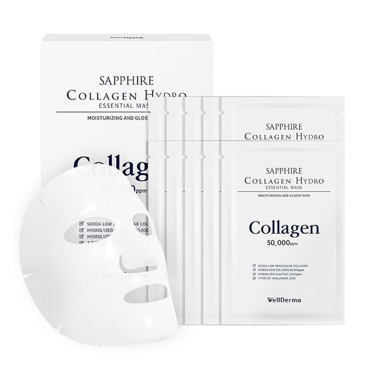 WELLDERMA Sapphire Collagen Hydro Essential Mask, 10 Sheets – Moisturizing & Soothing Sheet Mask with Collagen & Ceramide, 1.01 fl.oz (30mL) x 10ea