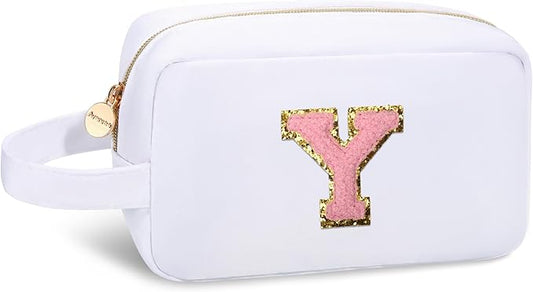 Aveniee Monogram Makeup Bag for Women,Initial Cosmetic Toiletry Bag Pouch,Travel Organizer,Friendship or Birthday Gifts for Women Teen Girls Sister Teacher-White Y