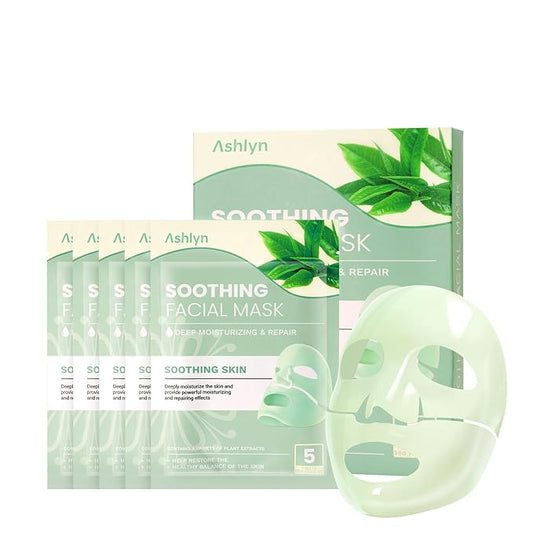 Ashlyn Green Tea Soothing Collagen Face Mask - Overnight Hydrating Sheet Mask with Hyaluronic Acid & Collagen for Sensitive Skin, Deep Moisture Calming Relief for Glass Skin, 35g, 5ea