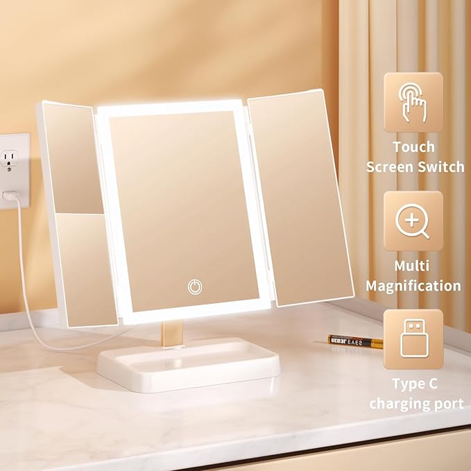 3- Folding Makeup Mirror, 76 lamp Beads, 3 Adjustable Color Modes,Long Press The Touch Button to Adjust The brightness1%-100%, 1x / 2X / 3X Magnification (1, Triplex Mirror Ivory White)