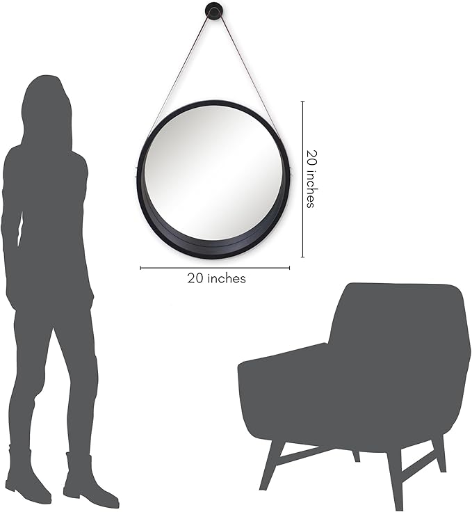 Americanflat 20" Round Mirror with Strap - Hanging Mirrors with Durable Frame - Modern Mirror for Bathroom, Bedroom, Living Room - Mirrors for Wall Display and Home Decor - Black
