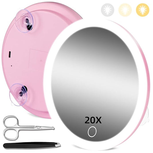 20X Concave Magnifying Mirror with Lights, 3 Color Lighting Adjustable Brightness, 6inch Travel Magnified Mirror with Suction Cups, Large 20x High Makeup Magnification and Tweezers