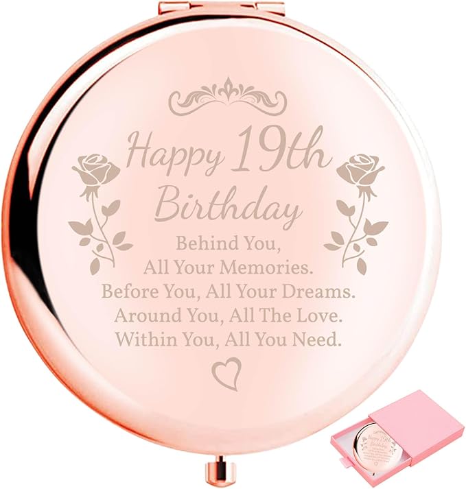 Birthday Gifts for Women Makeup Mirror 10th-85th Birthday Gifts for Sister Mom BFF Daughter Grandma Granddaughter - Milestone Birthday Presents 2-in-1 Compact Mirror (19th Birthday)