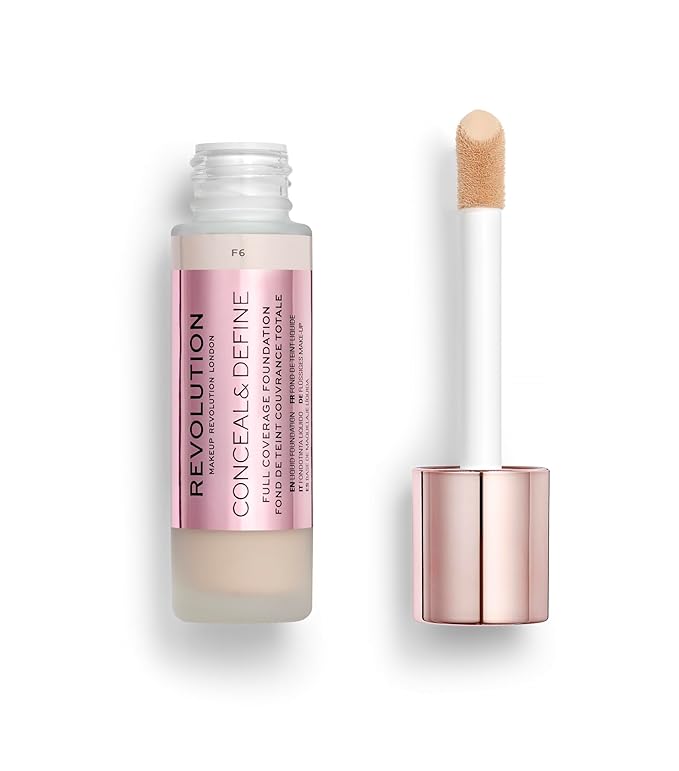 Revolution, Conceal & Define Foundation, Full Coverage, Long-Lasting Matte Finish, Vegan & Cruelty-Free, F6 Light to Medium Skin Tones, 0.8 fl oz