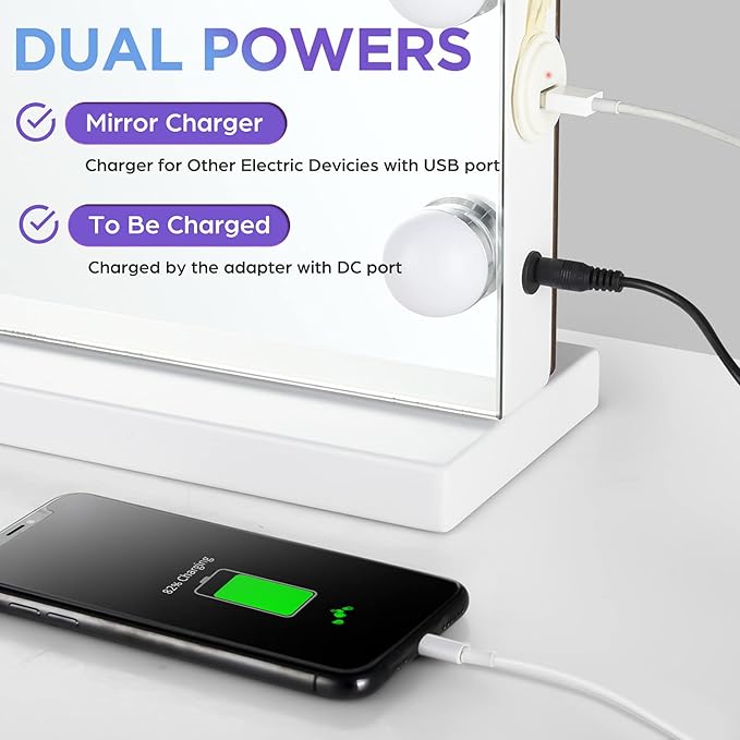 M MIVONDA Vanity Makeup Mirror with Lights: Hollywood Mirror with 15LED Bulbs - Large 23”x19” Desk Mirror for Wall, Dimmable 3 Lighting Modes, Plug-in and USB Charger Port, White