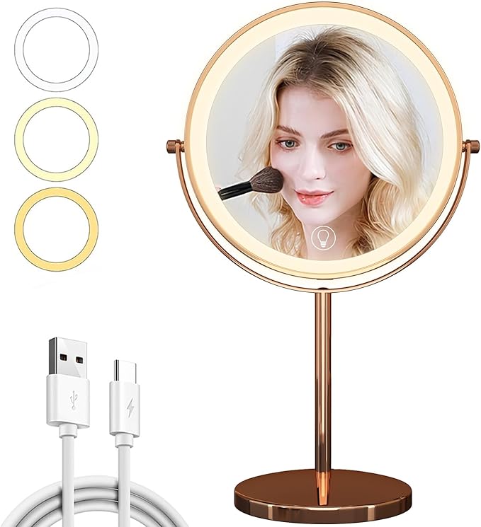 9in Vanity Mirror with Lights, Rechargeable&Dimming Lighted Makeup Mirror, 3X/20X Double Sided Magnifying Mirror,5000mAh,360 Rotate,3 Color Lights,Brightness with 80 LED,No Height Adjustment,RoseGold