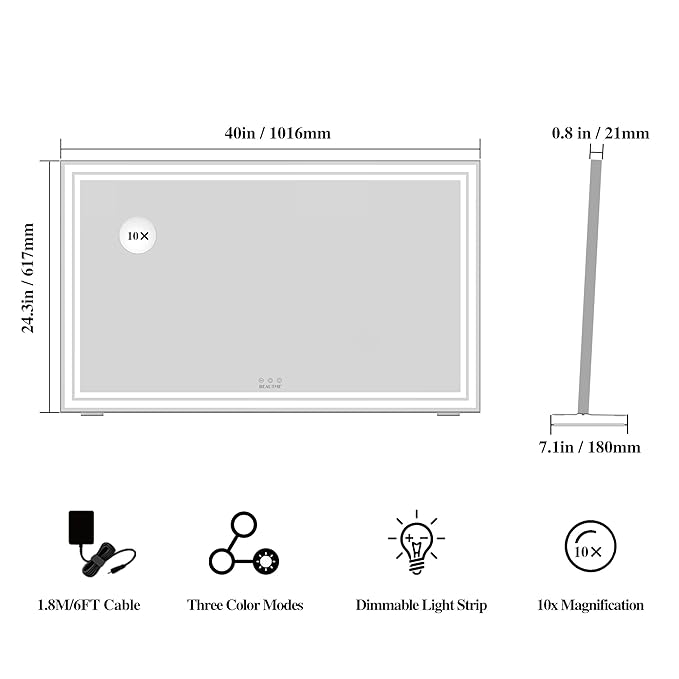 BEAUTME Vanity Mirror,40x24.3 Inch, Hollywood Mirror with Double Led Strips,Makeup Mirror for Dressing Room & Bedroom, Desktop Mirror/Wall Mounted Mirror 1.8M Charger Cable,Aluminium Frame,Silver