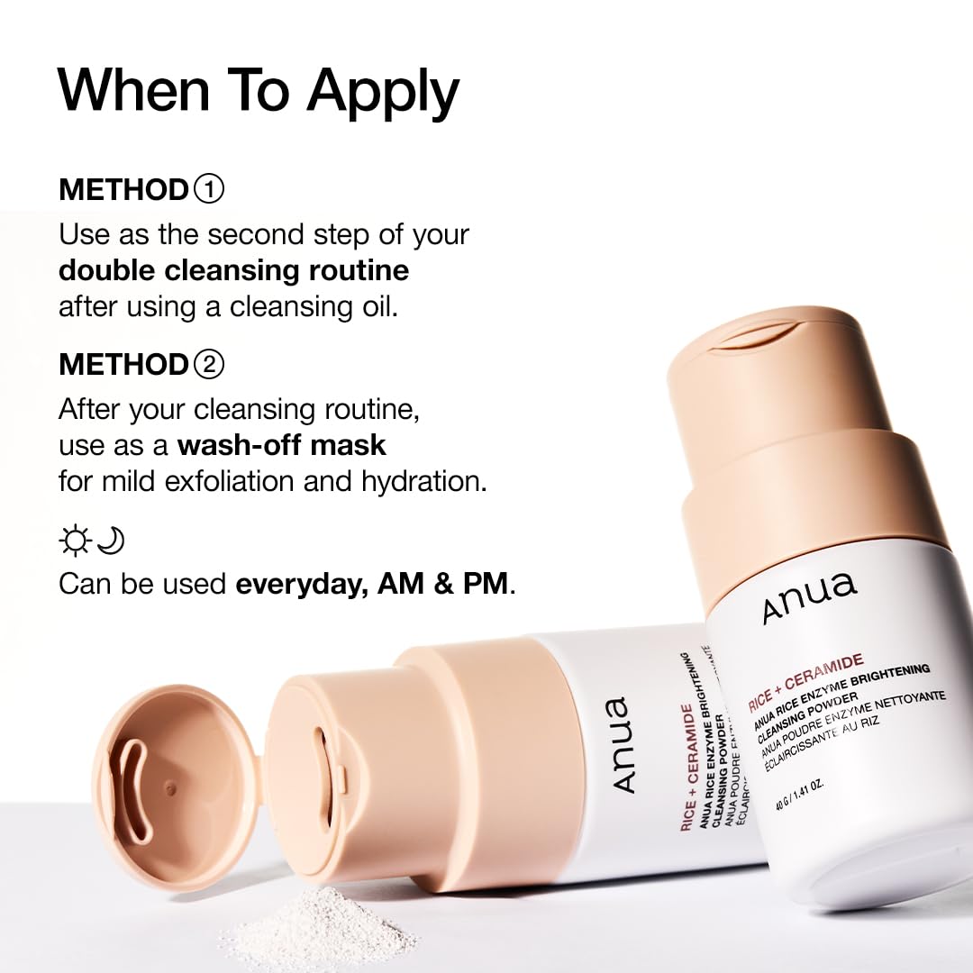 ANUA RICE ENZYME BRIGHTENING CLEANSING POWDER, Rice Mask, Ceramide, Gentle Face Wash for Brightening, Radiant Skin, Facial Cleanser for Dry Skin, Korean Skincare, Fragrance Free, 40g/1.41fl.oz.
