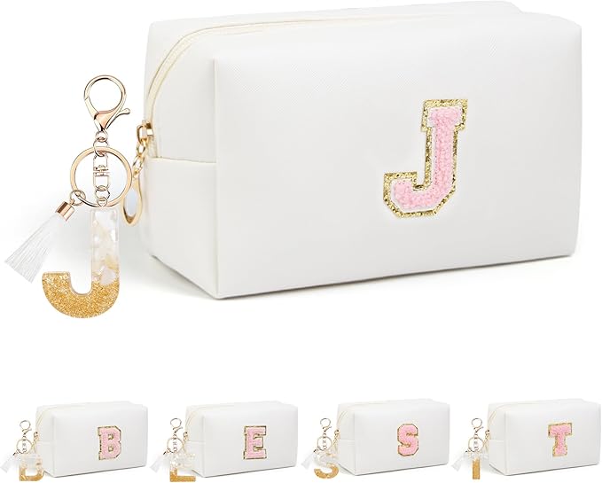 Birthday Gifts for Women Her,Travel Cute Makeup Bag,Large Capacity Cosmetic Bags for Women Makeup Pouch PU Leather Waterproof Cosmetic Bag (J, White)