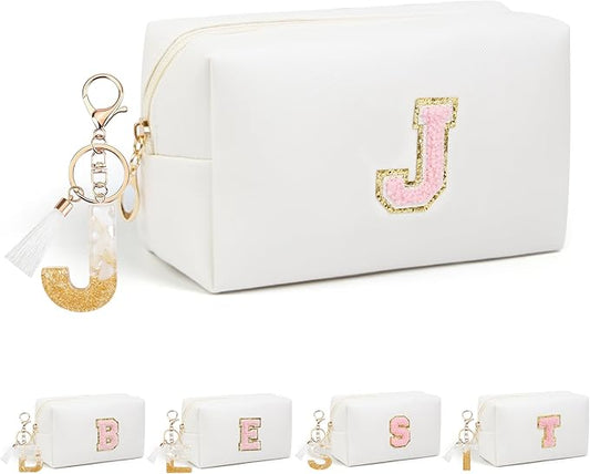 Birthday Gifts for Women Her,Travel Cute Makeup Bag,Large Capacity Cosmetic Bags for Women Makeup Pouch PU Leather Waterproof Cosmetic Bag (J, White)