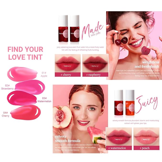 4 Colors Lip Tint Stain Set,Mini Water Lipstick,Korean Lip Gloss Moisturizing Natural,Long Lasting Waterproof,Multi-Use Lip and Cheek Tint(Apple& Strawberry& Watermelon& Cherry)
