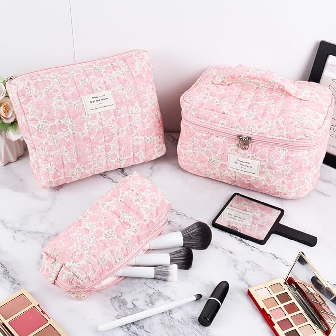 3Pcs Cotton Quilted Makeup Bag Set,Large Floral Cosmetic Bag，Aesthetic Toiletry Travel Makeup Bag Set and Cute Flower Bag for Women Girls (Pink Flower)