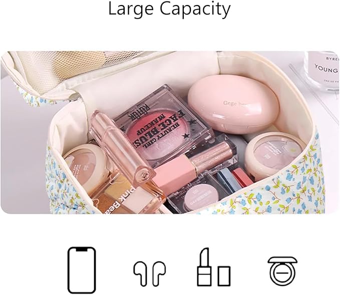 3PCS Makeup Bag Large Cosmetic Pouch Bag with Handle Cute Floral Small Makeup Bag for Purse, Quilted Cotton Skincare Storage Bag Travel Makeup Bag Set for Women, Bridesmaids, Gifts, Fresh Blue