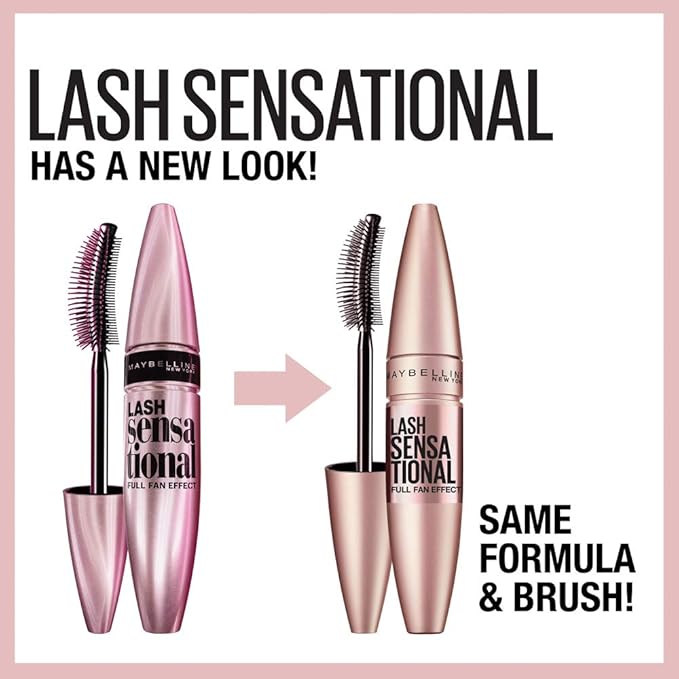 Maybelline Lash Sensational Washable Mascara, Lengthening and Volumizing for a Full Fan Effect, Blackest Black, 2 Count