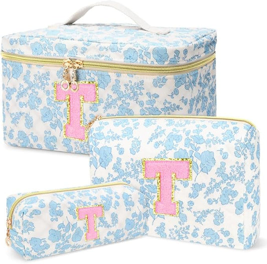 3 PCS Travel Makeup Bag Set, A-Z Initials Cotton Make up Bag Floral Quilted Cosmetic Bag for Girls and Women, Personalized Cute Toiletry Bag Travel Accessories Brushes Bag Blue - T