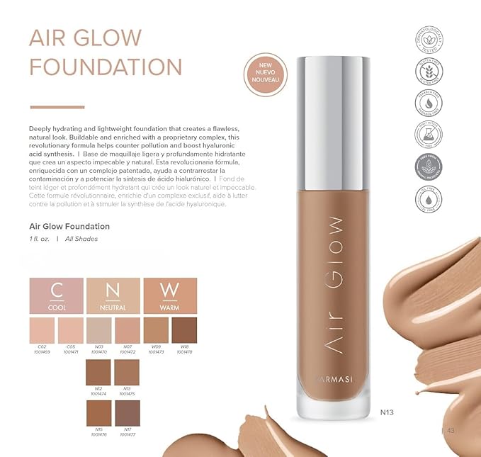 Farmasi Air Glow Foundation, Deeply hydrating and Lightweight Skincare Effects, Sea-Water formula, Natural-looking Skin Hydrated Softer and Smooter, Buildable Hylauronic Coverage 1 Fl Oz / 30 ML - N15