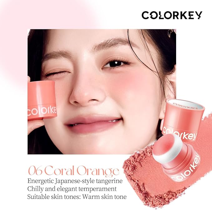 COLORKEY Shimmering Pudding Powder Blush, Lightweight, non-drying and smooth, Naturally Luminous Semi-Matte Finish, Self-contained brush, portable makeup (06 Coral Orange, 3.2g)