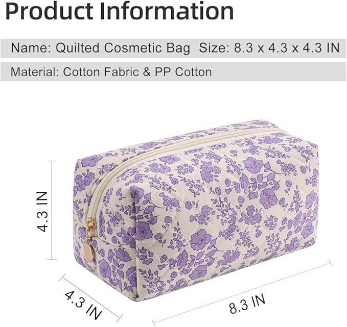 Gleyemor Small Quilted Makeup Bag for Women, Cute Floral Bow Cosmetic Bag, Emergency Bag Travel Toiletry Cotton Pouch Gifts for Girls Her Mom Friend Sister Bridesmaid (Purple Floral)