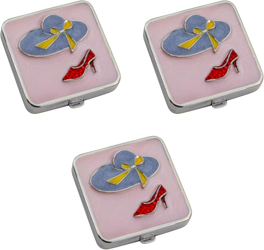 Stephanie Imports Set of 3 Double Sided Magnifying Compact Slim Mirrors (Pastel Pink & Red Rhinestone Heel, Square)
