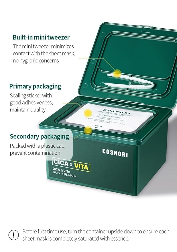 COSNORI Cica & Vita Daily Pure Mask - Vegan daily mask sheet, Convenient & Quick soothing, Vitality boosting care, 100% pure lyocell sheet, 30 sheets/11.8 fl oz