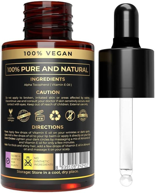 USDA Organic, Non-GMO Cold Pressed Vitamin-E (Alpha Tocopherol) Oil, for Scars, Stretch Marks, Hair & Face, Hexane Free, Natural Body Oil, for essential Skin Care