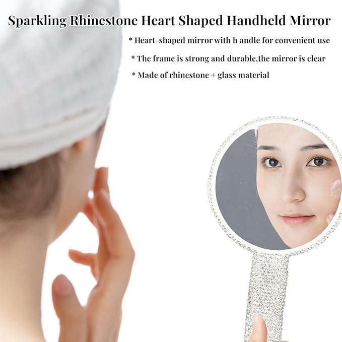 LOPURO Sparkling Rhinestone Round Shaped Handheld Mirror, Rhinestone Handheld Round Mirror Bling Glitter Cute Cosmetic Hand Mirror with Handle Portable Makeup Mirror for Women Travel