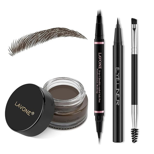 Eyebrow Pen Makeup Kit, with 4 Tip Waterproof Microblading Eyebrow Pencil, Eyeliner, Eyebrow Pomade and Dual-ended Eyebrow Brush, Brow Pencil Eyebrow Kit for Natural Looking - Medium Brown