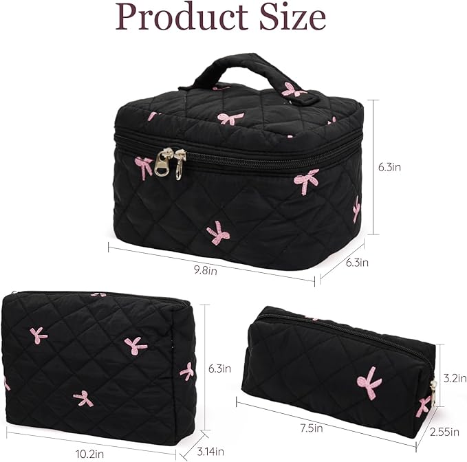 3Pcs Cotton Quilted Makeup Bag Set,Large Floral Cosmetic Bag，Aesthetic Toiletry Travel Makeup Bag Set and Cute Flower Bag for Women Girls (Black Pink Bow)